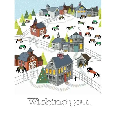 Horse Christmas Card: New England Scene w/ Blanketed Horses