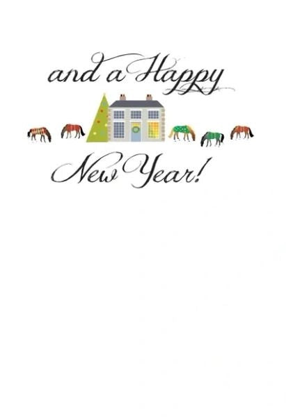 Horse Christmas Card: Mansion w/ Blanketed Horses