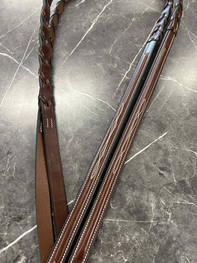 KL Select Fancy Stitch Braided Reins - Full Size - Brown - USED