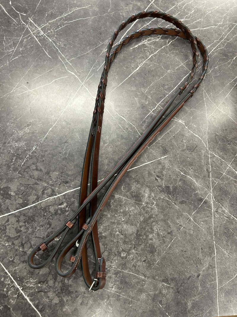 KL Select Fancy Stitch Braided Reins - Full Size - Brown - USED