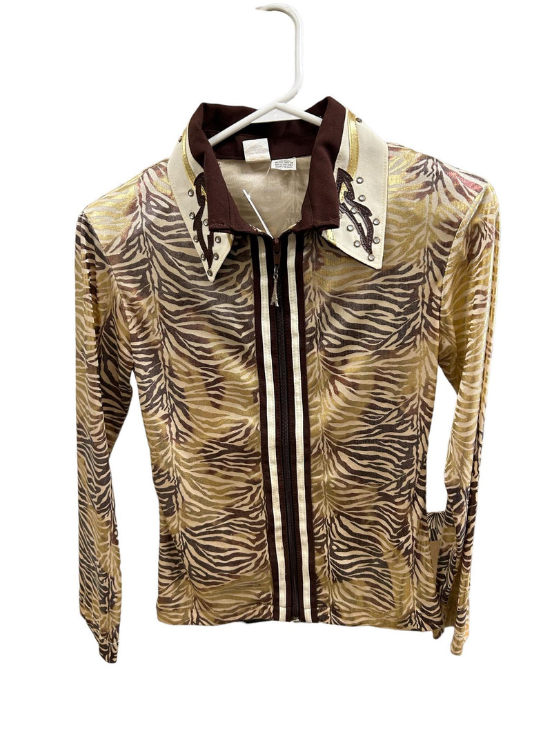Zip Up Western Show Shirt - Zebra Print/Cream and Brown - 2x Small USED