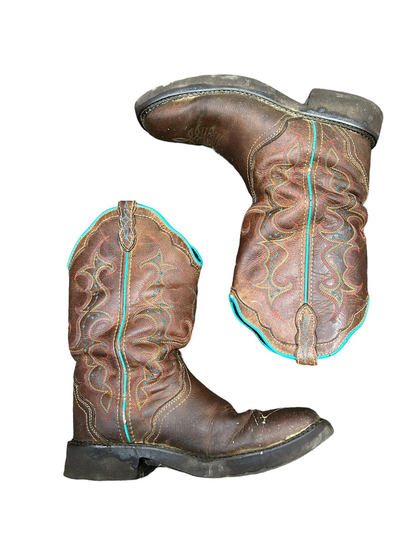 Justin Cowgirl Boots - Brown/Turquoise Size 8 - USED