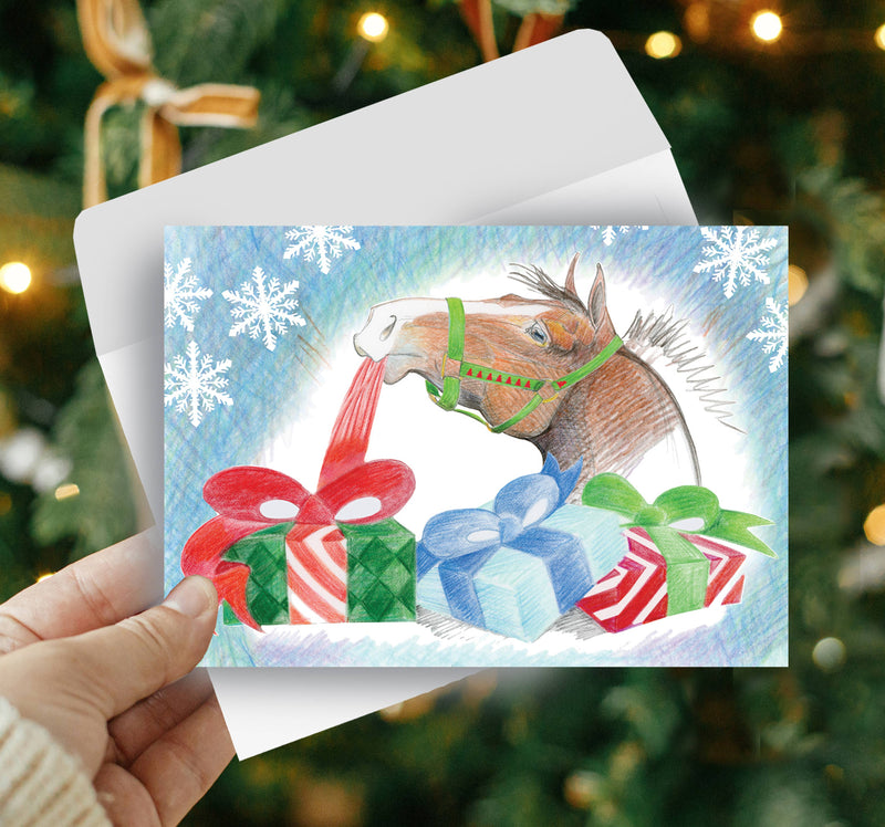 Horse Boxed Christmas Cards / Unwrapping Gifts / 8 Holiday