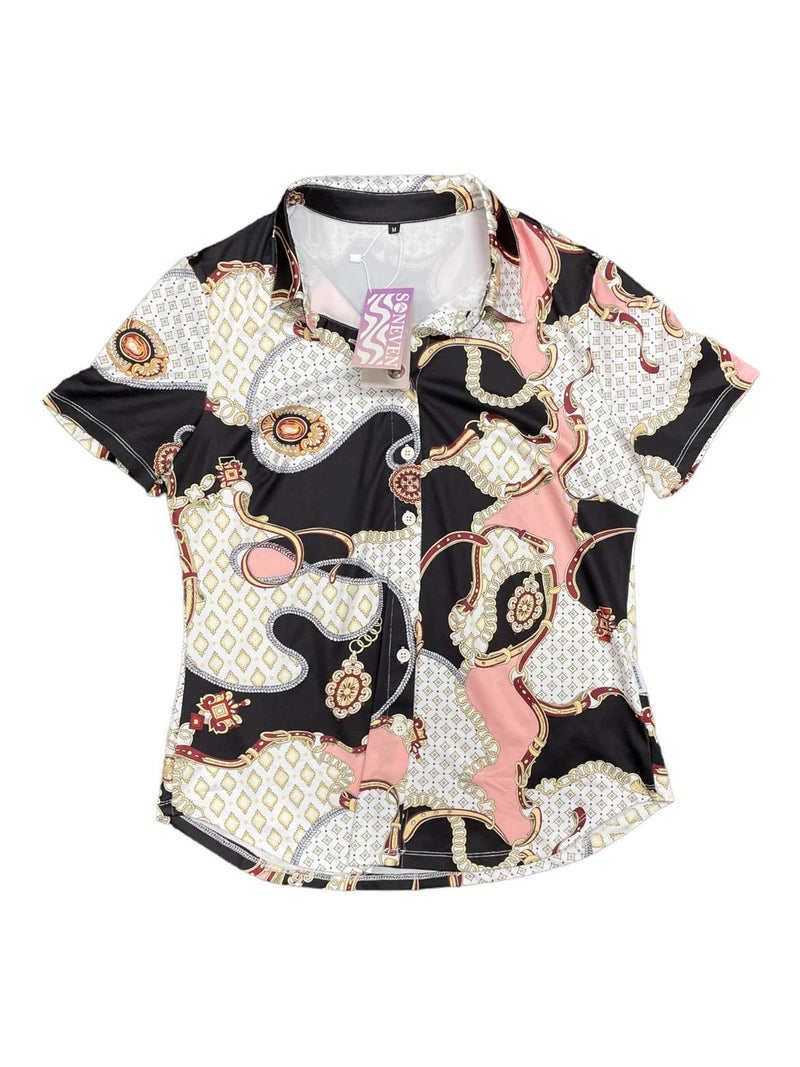 Saveven SS Button Polo - Pink/Black/White - M - USED