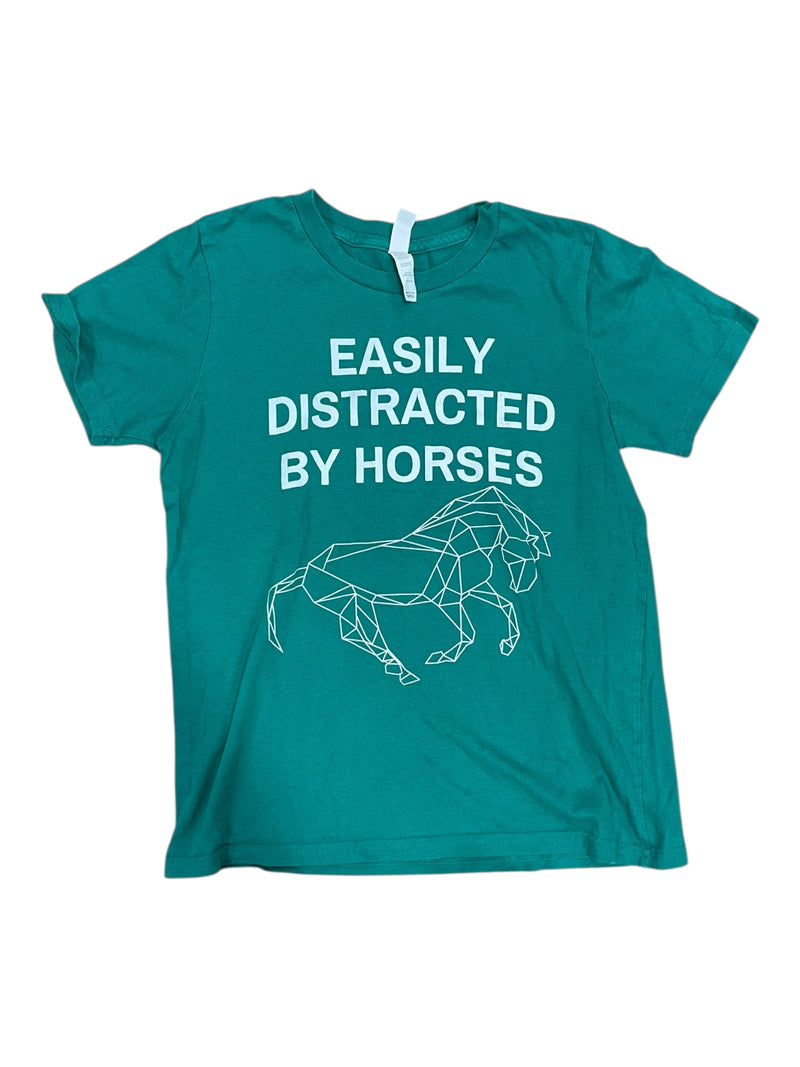 Distracted By Horses Tee - Green/White - Youth L - USED
