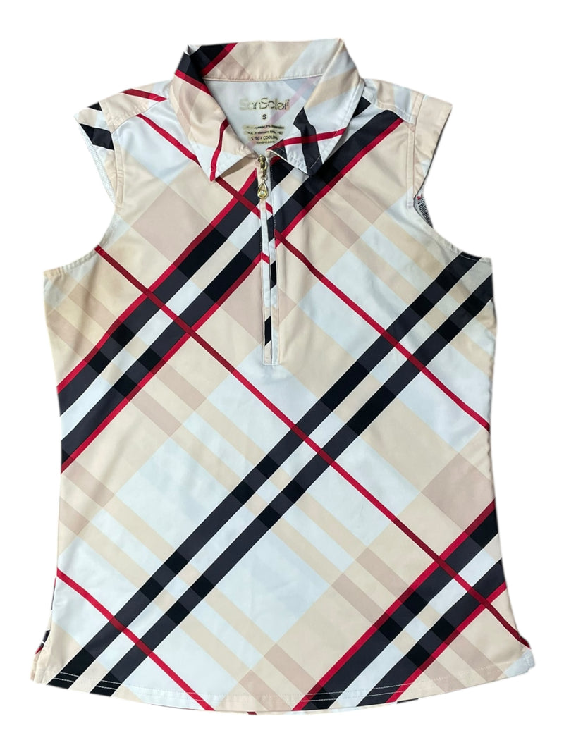 SanSoleil Sleeveless Sun Shirt - Tan/Black/Red Plaid - S - USED