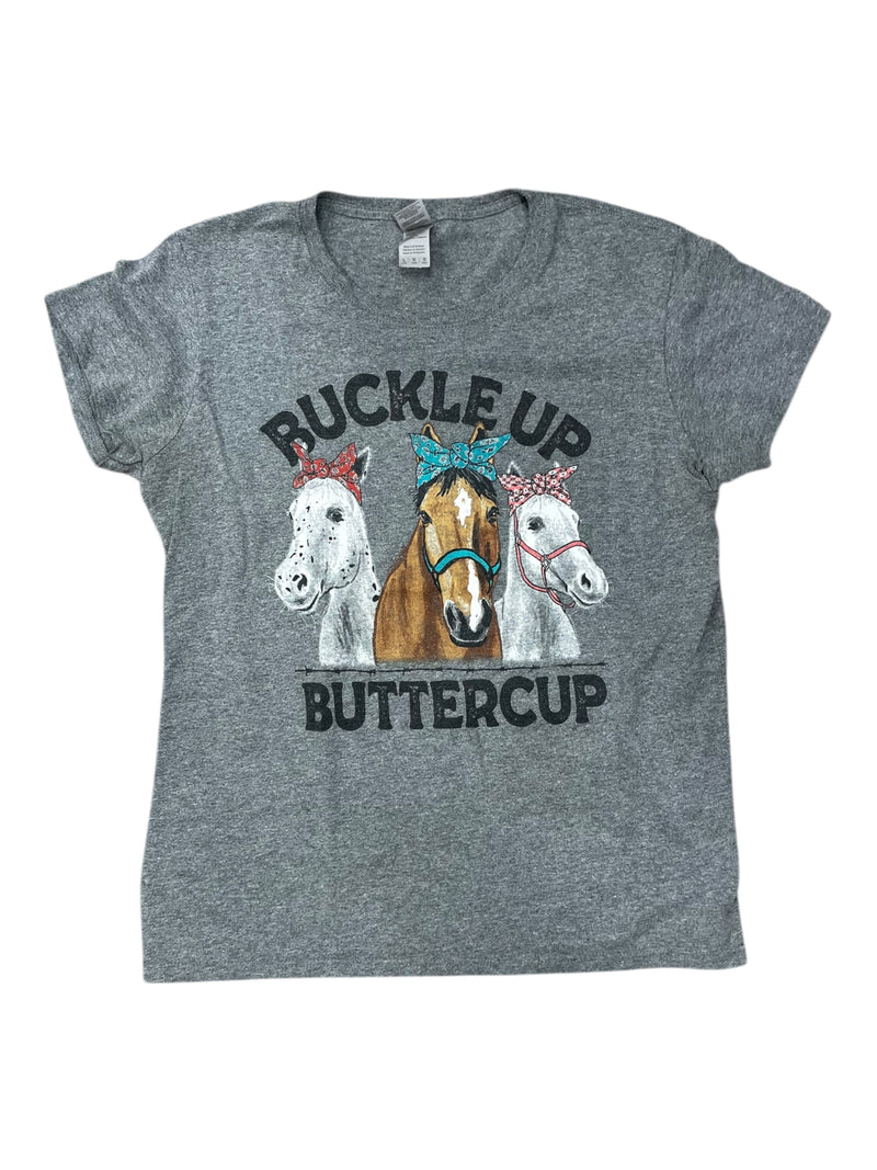 Buckle Up Buttercup Tee - Grey/Print - Ladies L - USED
