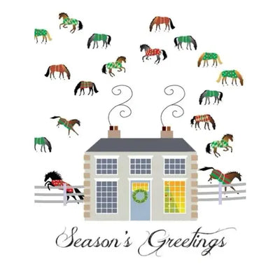 Horse Christmas Card: Mansion w/ Blanketed Horses